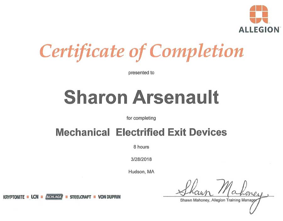 Mechanical Exit Devices Certification Sharon